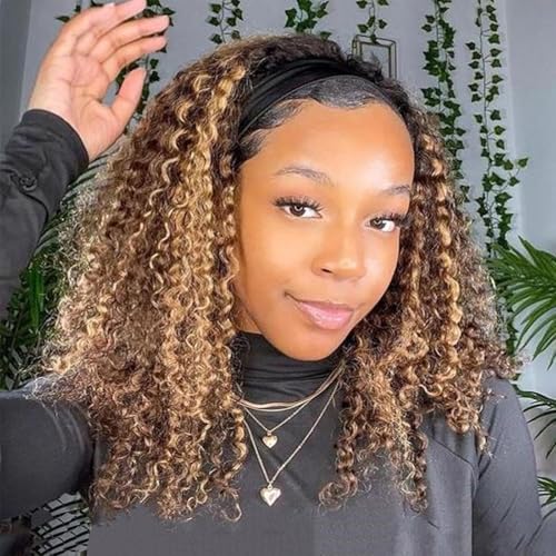 Image of Kinky Curly Headband Wig Human Hair Highlight Ombre Curly Headband Wigs 150% Density #4 /27 Glueless None Lace Front Wig Honey Blonde Brazilian Virgin Headband Half Wigs for Black Women 16 Inch