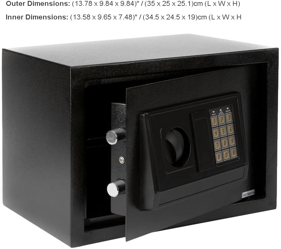 Amebee Mini Safe Security Box, Metal Storage Safe Cabinet with Secure Digital and Key Lock Compartment, Black (E25EA)