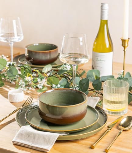 Image of TheTerra Ceramic Dinnerware Set for 6, 18-Piece Plates and Bowls Set | Handmade Reactive Glaze Dish Set, Scratch Resistant, Oven & Microwave & Dishwasher Safe, Sage Umber
