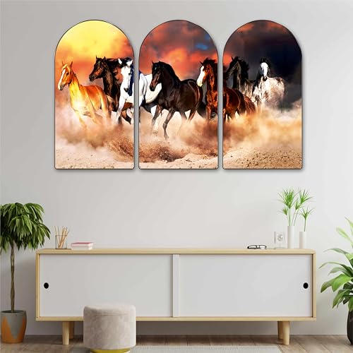 Image of Livin'luxe 7 Running Horses Arch Shape Set of 3 MDF Framed Wall Painting | Vastu Good Luck Wall Art for Living Room, Office & Entrance Decor (20 x 30 Inch) RPNS-35119