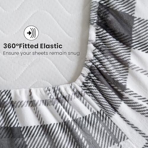 Image of Viviland Plush Microfleece Full Bed Sheet Set, Gray White Plaid | Soft Flannel-like Fleece, 100% Polyester, Fluffy Velvety Feel, 200GSM, 15 inch Deep Pocket, Warm Winter Gift & Decor