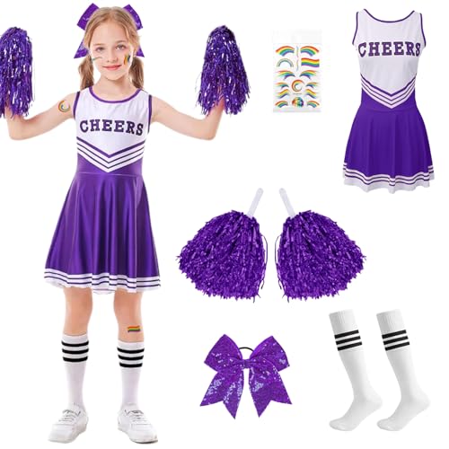 Hengrongshen Traje animadora menina lilás, disfarce Cheerleader menina com vestido, pompões, meias, laço e forquilhas, fato cheerleader menina para carnaval, Halloween (120)