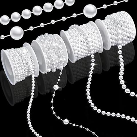 Towenm 4 Rolls 76 Feet Pearls Garland, Faux Pearl Beads Roll Strand, 4mm 6mm 8mm Artificial Pearls Chain Trim, 3-8mm Fishing line Pearls Strings for Crafts Wedding Christmas Decoration, White Cover