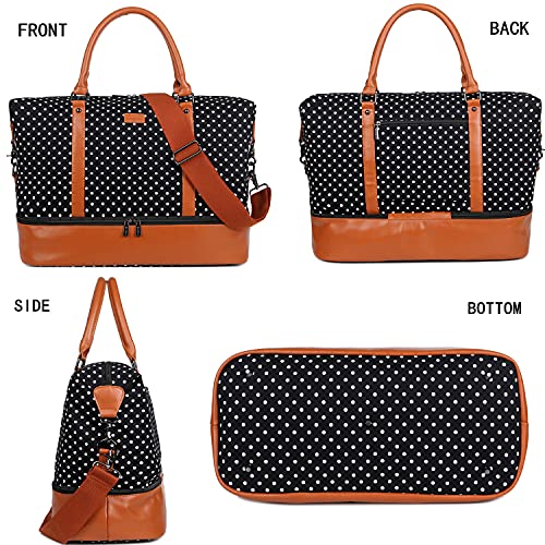 BAOSHA HB-28 Ladies Women Canvas Travel Weekender Bag Overnight Carry-on Duffel Tote Bag (Black Dot) 18 x 13 x 8 inch3
