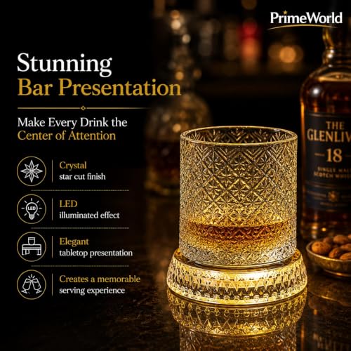 Image of PrimeWorld Premium Rotating Whiskey Glasses - 300ml | Set of 6 | LED Button Cell 360 Spinning Crystal Old Fashioned Tumblers | Lead-Free Carved Cut Rocks Glasses for Whiskey, Scotch, Bourbon, Brandy