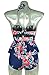 COCOSHIP Red Pink & Navy Blue Antigua Floral Peplum Women's Retro Push Up High Waist Bikini Set Chic Swimsuit Swimwear XXL(FBA)