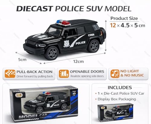 Image of 1:36 Scale Miniature Indian Police Car Model - Die-Cast Metal Pull Back Vehicle with Openable Doors - Alloy Police Toy Car for Kids, Boys & Collectors (Black)