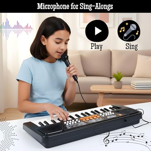 Image of Electronic Keyboard with Mic for Kids & Beginners | Portable 37-Key Starter Piano | Black Piano for Kids & adults | The Perfect Musical Instrument for Kids to Learn & Play.