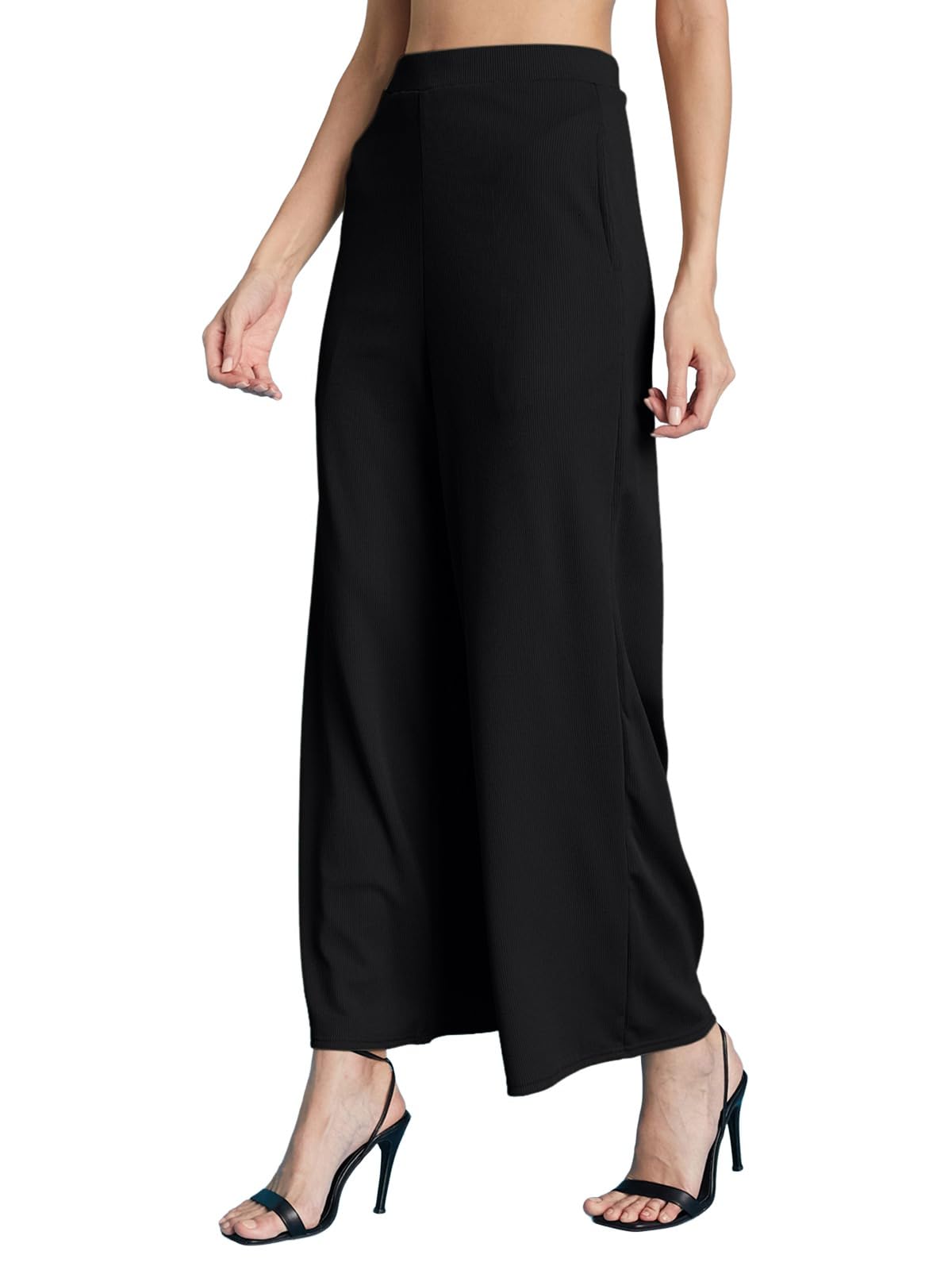selvia Women's Solid Ribbed Lycra Elastic Regular Fit Wide-Leg Trouser-picture-56