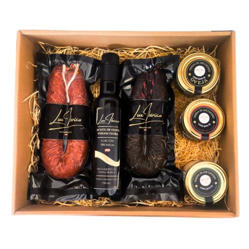 LUX IBÉRICO - Cesta Gourmet para Regalar 'Emérita' – Caja de Productos Ibéricos – Lote con Aceite de Oliva, Queso, Patatera y Achorizada - Pack Ideal para Cumpleaños, Eventos, Navidad y Empresas