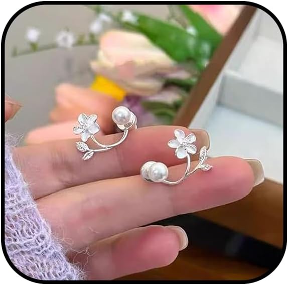 Flower Pearl Earrings for Women White Flower Hug Earrings Sparkly Floral Dangle Earrings Elegant Floral Statement Earrings Costume Prom Jewelry Accessories