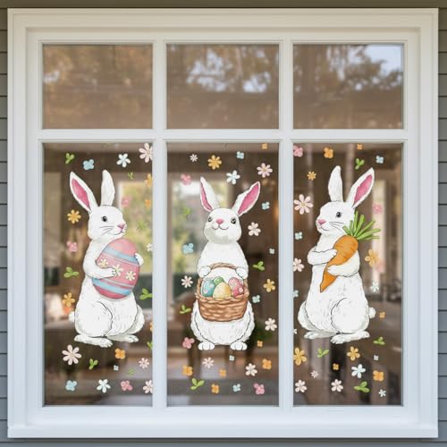 Gleemix Fensterbilder Ostern Selbstklebend, 6 Blatt Fenstersticker Ostern, Statisch Haftende Osterfensterbilder, Osterdeko Fenster mit Ostereier, Osterhase, Oster Fensterbilder Wiederverwendbar