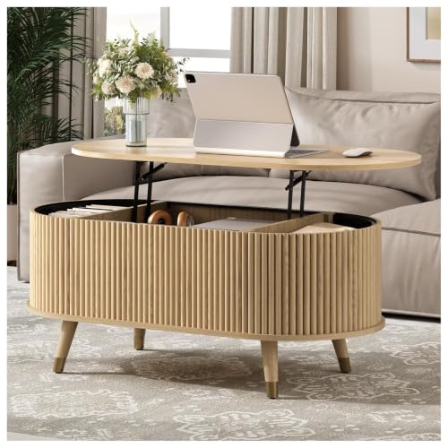 Image of JOINICE Oval Lift Top Coffee Table with Storage for Living Room,43 inch,Oak