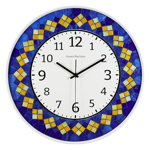 16.5'' Mosaic Blue Yellow Wall Clock Silent Non-Ticking Handmade Analog Colorful Decor Living Room Artistic (Yellow Square)