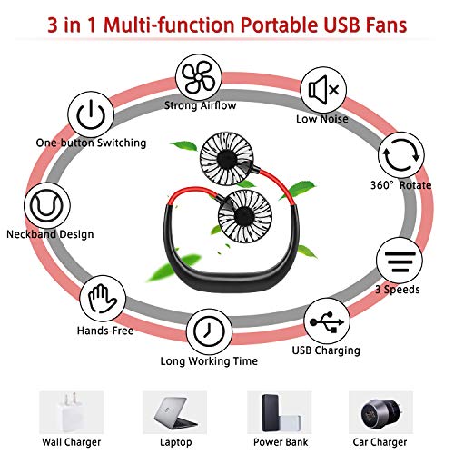 Portable Hanging Neck Sports Fan - Hands Free USB Rechargeable Personal Wearable Neckband Fan Battery Operated with 3 Level Air Flow Headphone Design Cooling Head Fan Mini Necklace Fan for Office