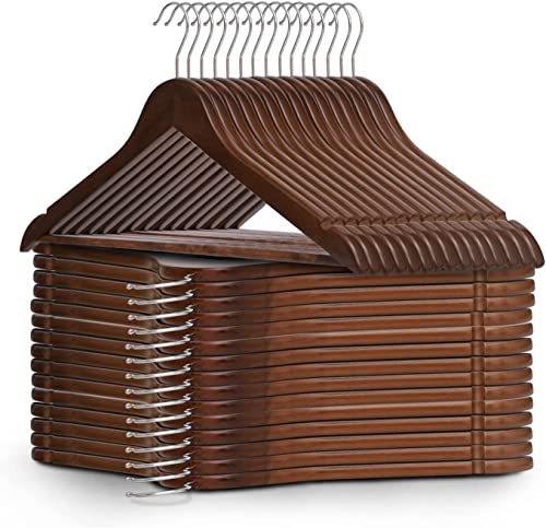 KEPLIN Strong Walnut Wood Wooden Coat Hangers with 360 Degree Rotatory Hook & Round Trouser Bar & Shoulder Notches - Durable Wardrobe Space Saver - Suitable for Coat, Jacket, Suit, Jumper (30 Pack)