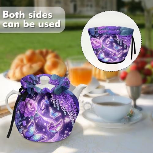 Image of Tea Cozy for Teapot Insulated Butterfly Flower Print Tea Kettle Dust Cover Keep Warm Portable Teapot Cozy Kitchen Accessory Soft Teapot Dust Protector for Kitchen Home Decor