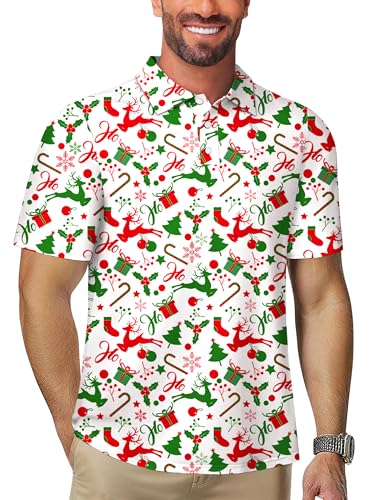 Xmas Polo For Men Short Sleeve Bulk Button Shirts Candy Cane Reindeer Golf Top Xxl