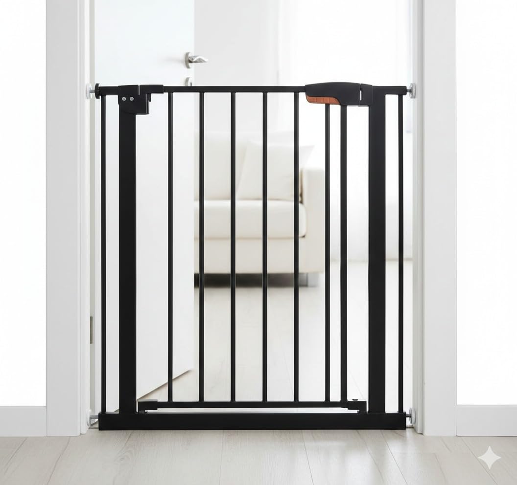 Zanbeel Black,White Baby Safety Gate, Pet Dog Barrier, Auto Close Stair Gate, Pressure Fit,Self Closing Toddler Safety, Doorways 75-82Cm (Black)