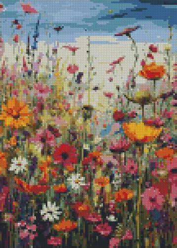 Image of MjhRcll Flowers Stamped Cross Stitch Kits, Colorful Flower Cross Stitch Ornament Kits for Adults Beginners, Counted Embroidery Needlepoint Kits Home Decor 12x16 Inch