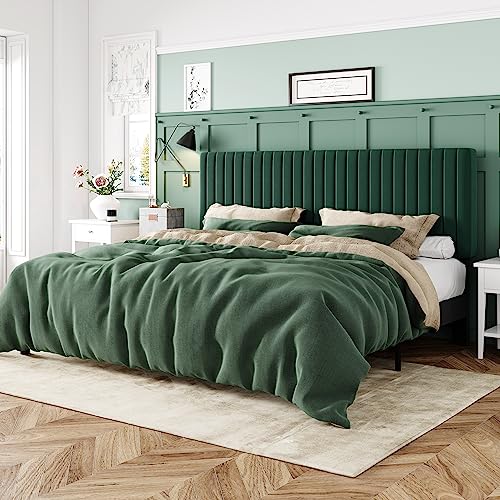 Image of Allewie King Bed Frame, Velvet Upholstered Platform Bed with Adjustable Vertical Channel Tufted Headboard, Mattress Foundation with Strong Wooden Slats, Box Spring Optional, Easy Assembly, Green