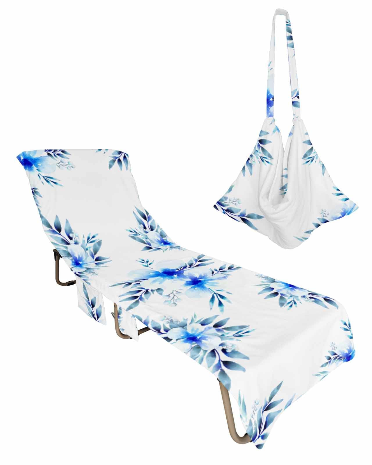 Modern Abstract Flower Beach Chair Towel Covers for Chaise Lounge with Side Pocket, Soft Plush Pool Towels Cover for Patio Sunbathing Outdoor 29''x85'' Pastoral Blue Watercolor Leaves