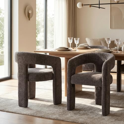 Image of HNY Modern Charcoal Grey Chenille Dining Chairs Set of 2, Upholstered Kitchen Chairs with 4 inch Thick Cushion & Wide Seat, Solid Wood Frame No Assembly Accent Chairs for Dining Room, Kitchen, Restaurant