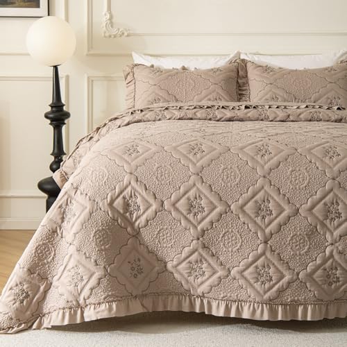 Image of BOV Farmhouse Queen Ruffle Comforter Set Gray, Vintage Cottage Style Bedding with Pillow Shams, Soft Embossed Quilt Bedding for Country Cottage & French Country Bedrooms, 92x96 Inches