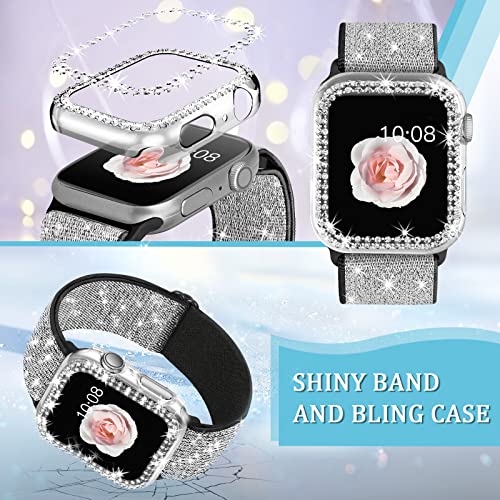 2 Pack Bling Stretchy Watch Bands Compatible With Apple Watch Band 40Mm 41Mm 44Mm 45Mm Iwatch Series 7 6 5 4 Se, Adjustable Nylon Wristband With Shiny Case For Women Girls(Bs-44Mm) #TOP2