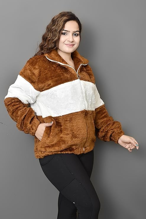 Qadri Fashion Women's Fleece Winter Contrast Jacket, Wool Zip-Up, Soft Fluffy Cold-Weather Outerwear (Brown)-picture-20
