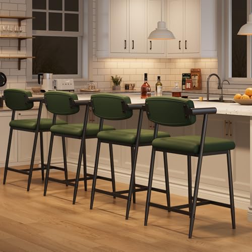 IDEALHOUSE Counter Height Bar Stools Set of 4 with Arms, Upholstered Barstool with Back & Footrest, Soft Wider Seat, Modern Metal Bar Stools Set for Kitchen Island, Bar, Easy Assembly, Rustic Green