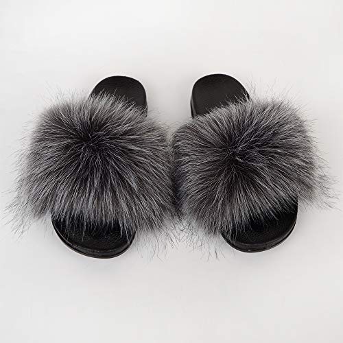 Image of MH Bailment Womens Furry Fluffy Slippers Faux Fur House Slippers Open Toe Fuzzy Slides Soft Flat Slip On Sandals for Indoor Outdoor