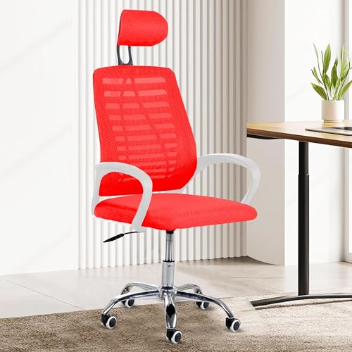 Image of Casa Copenhagen,Mesh Office Desk Chair,Rocking Chairs Ergonomic Computer Chair Adjustable High with Headrest and Comfortable Armrest Swivel Chair - Red & White Handle