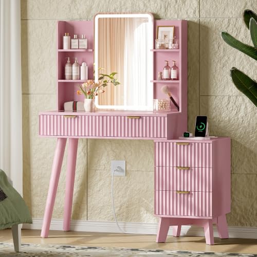 Image of Xixini Fluted Vanity Desk with LED Lights Mirror & Charging Station, Pink
