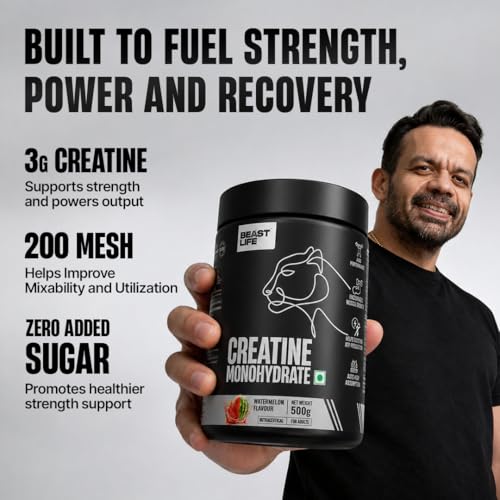 Image of BEASTLIFE Super Micronized Creatine Monohydrate Powder 500g | 135 Servings Watermelon Flavor | NABL Lab Tested | Premium Sports Nutrition for Strength & Performance