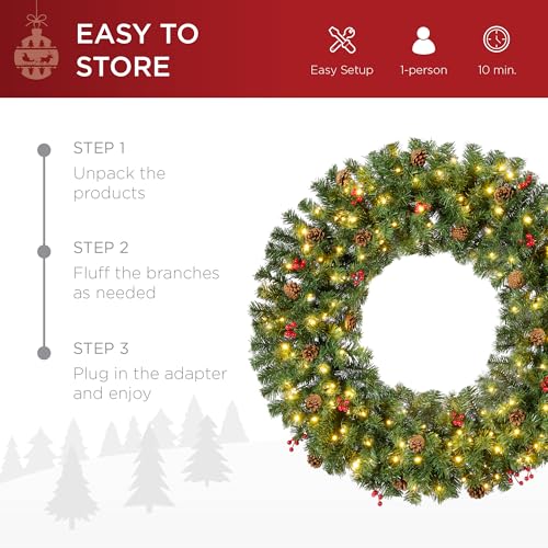 Image of Best Choice Products 36in Pre-Lit Christmas Wreath w /Berries & Pinecones, Large Artificial Indoor /Outdoor Decor for Door, Mantel, Plug-in
