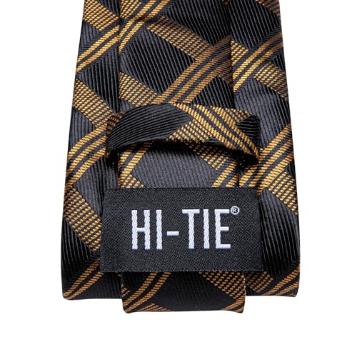 Image of Hi-Tie Formal Black Gold Plaid Ties for Men Necktie Lapel Pin Pocket Square Cufflinks Sets Formal Business Wedding