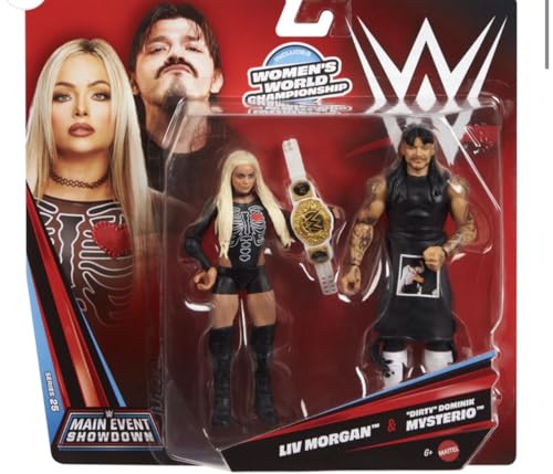 Mattel WWE Main Event Showdown Action Figures 2-Pack with Accessory, Series #25 ”Dirty” Dominik Mysterio & Liv Morgan Collectible Set, 6-inch