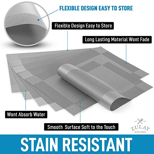Zulay Vinyl Woven Placemats For Dining Table Set Of 6 - Stain-Resistant & Non-Slip Pvc Table Place Mats - Modern Washable Placemat For Home & Kitchen (Silver) #TOP1