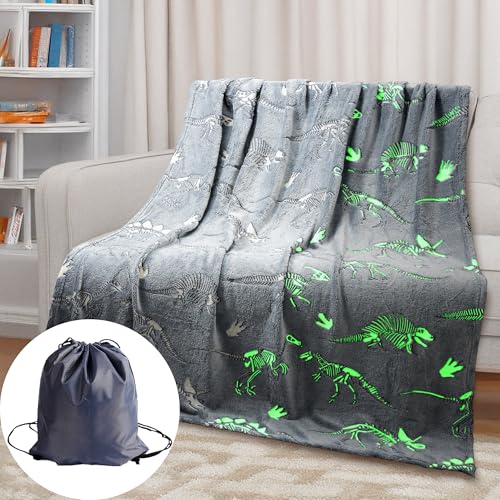 Glow in The Dark Dinosaur Blanket with Travel Bag for Boys Kids Son Teen Cozy Dino Blanket Soft Cute Dinosaur Toys Presents Birthday Halloween Christmas Room Dino Decor Throw Blanket Grey 50