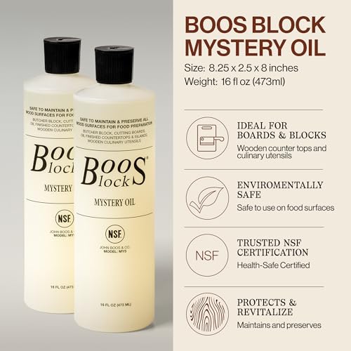 Image of John Boos 3-Piece Care Set, 2-Pack 16 oz Mystery Oil & Round Beechwood Applicator - All-Natural Maintenance Formula for Butcher Blocks, Wooden Countertops & Wood Utensils