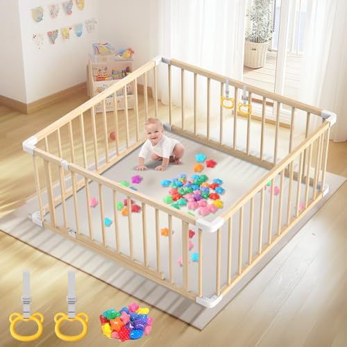Image of Baby Wooden Playpen for Toddler and Babies - 43 x 43 x 24 Inch Easy to Assemble Baby Playpen with 2 Handles & 30 Ocean Ball - Babies Safety Activity Centre Play Yard with Door for Indoor & Outdoor