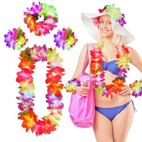 Aomig Hawaii Mottoparty Kostüme Hawaiian Hula Sets mit LED Hawaii Kostüme Hawaiianischer mit Halskette Blume Stirnband Armbänder für Mädchen Tropical Party FeierKostüm Hawaiianischer Tanz (Farbige)
