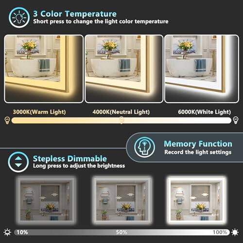 Image of 44x36 Gold LED Bathroom Mirror with Lights, Backlit & Front Lit | Brushed Gold Framed, Anti-Fog Lighted Vanity Mirror, Dimmable, 3-Color Temp, Memory, CRI95, HD Tempered Glass, UL Listed