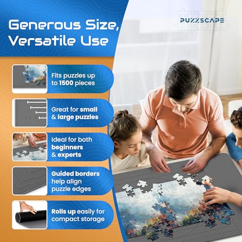 Jigsaw Puzzle Mat Roll Up – 47" x 26" | 3 Sorting Trays, 3 Fastening Straps, Foam Tube, & Travel Friendly Storage Bag | Non-Slip Rubber Puzzle Matt Rollup - Up to 1500 Pieces