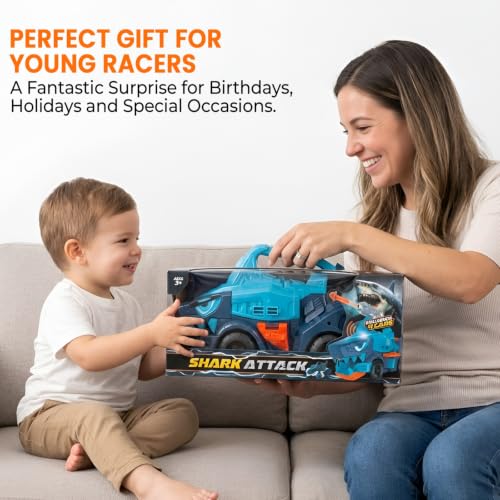 Image of WireScorts Big Hauler Mechanical Shark Truck Transporter Toy with Dart Launcher and 4 Mini Cars, Big Hauler Truck with Light & Sound for Boys & Girls 3+ Years
