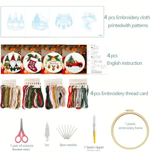 Image of Zhenqing Christmas Embroidery Kit for Beginners - 4 Piece 29x29cm Round Hoop Art with Pre-Printed Cotton Fabric, Embroidery Hoop, Threads & Tools (Merry Christmas, Stocking, Truck, Gnomes)