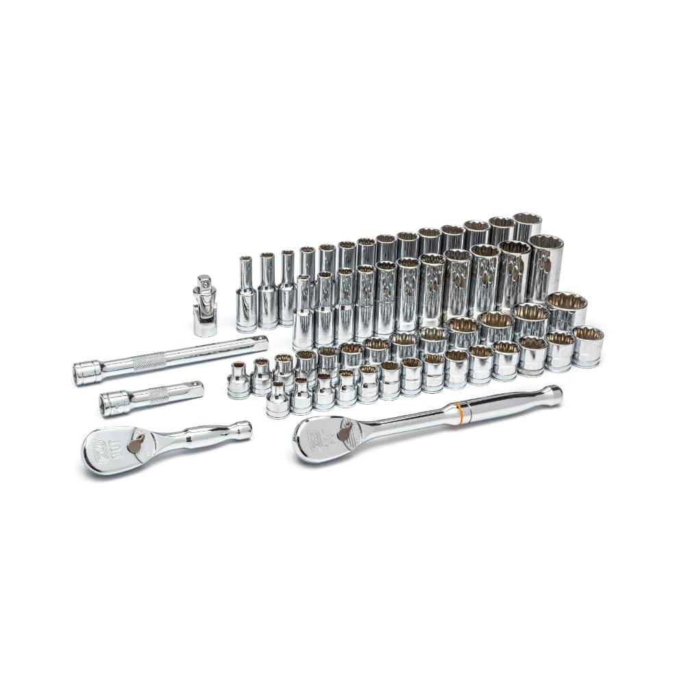 GEARWRENCH Zestaw 57 nasadek 3/8″ do kluczy i 12 części zestaw narzędzi do mechaniki, standardowe i głębokie, SAE/metryczny, 80551