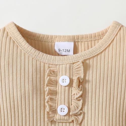 Infant Baby Girls Outfit Cute Ruffle Sleeve Ribbed Knit Romper Bodysuit and Flare Pants Clothes Set 3 Piece3