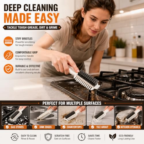 Image of 5-in-1 Multi-Purpose Crevice Cleaning Brush with Built-in Scraper, Comb & Tweezer | Hard Bristle Deep Cleaning Brush for Bathroom Kitchen Sink, Stove Tile Grout Corners Window Tracks & Narrow Gaps